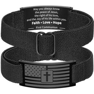American Flag Cross Bracelet for Men Women, Black Elastic Stretch Strap